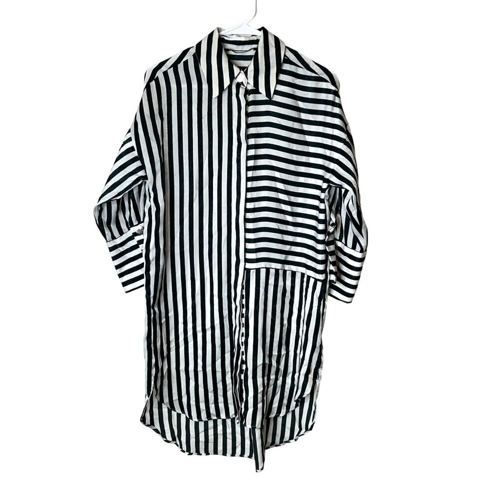 Zara Black & White Striped Button-Up Shirt Dress Relaxed Fit Lightweight size XS